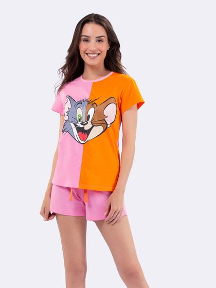 Imagem de Pijama Manga Curta Laranja e Rosa Tom and Jerry