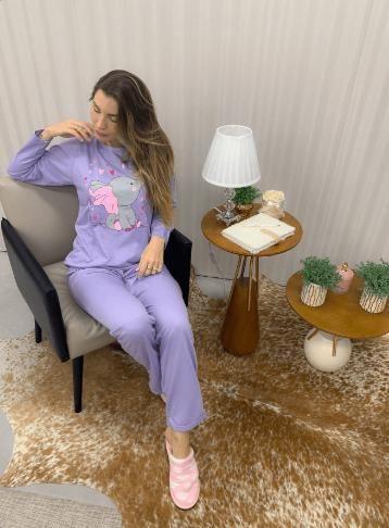 Imagem de Pijama Manga Longa e Calça Feminino Adulto  Baby Doll Roupa De Dormir Moletinho