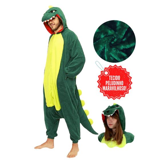 Pijama Peludinho Dinossauro Verde Kigurumi Macacão Unissex com Capuz ...