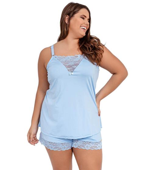 Imagem de Pijama Short Doll Baby Doll IMI Lingerie Em Microfibra E Renda Plus Size Cecília Azul Claro