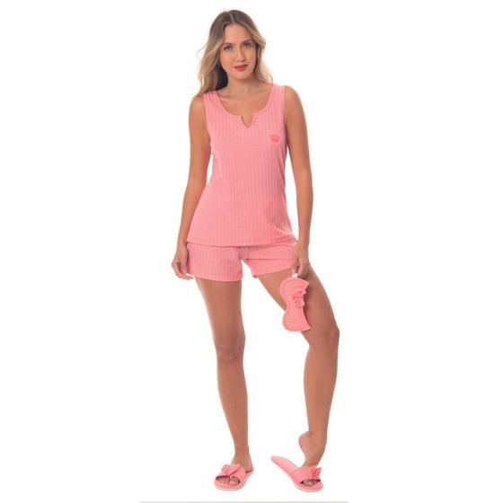 Imagem de Pijama Verão Canelado Texturizado Feminino Victory Com Camiseta Regata Com Bordado e Shorts Doll Calor