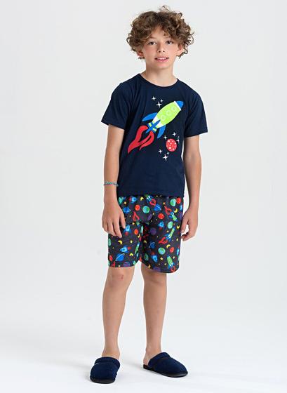 Imagem de Pijama Verão Menino Infantil Marinho Camiseta e Bermuda Foguete