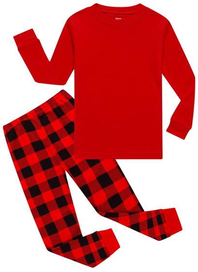 Imagem de Pijamas de manga comprida Christmas Buffalo Plaid para meninas, pijamas de manga comprida, algodão e vermelho, tamanho natalino 6