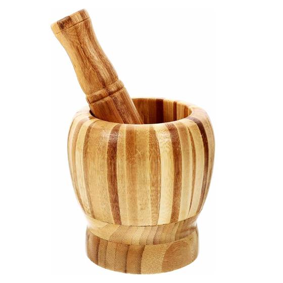 Imagem de Pilão de Bambu Madeira com Socador Reforçado Cozinha Culinária Tempero para pilar Alho Pimento do reino