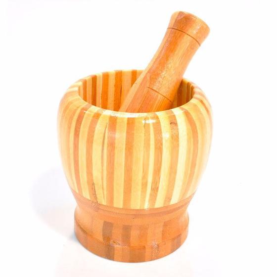 Imagem de Pilão de Bambu Madeira com Socador Reforçado Cozinha Culinária Tempero