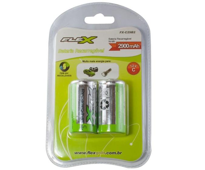 Imagem de Pilha Bateria C Recarregável 2900mAh 1.2V c/ 2 Unidades - Flex Gold -