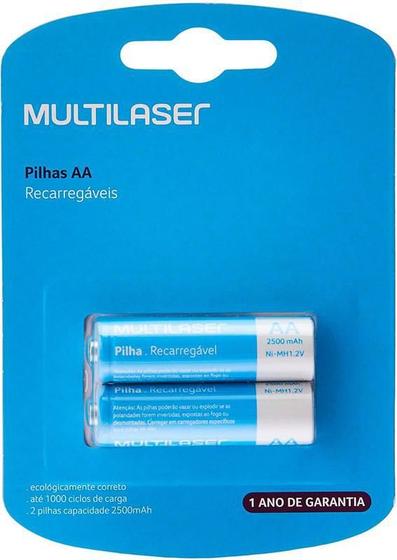 Imagem de Pilha Recarregável Multilaser Aa 2500 Mah Pack Com 2 Cb053