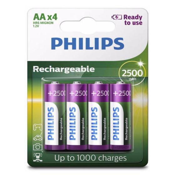 Pilha Recarregável Philips Aa 2500 mAh Pequena com 4 Unidades Prontas pro Uso RTU Menor preço em Pilha Recarregável Philips Aa 2500 mAh Pequena com 4 Unidades Prontas pro Uso RTU