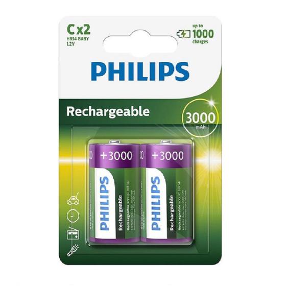 Imagem de Pilha Recarregável Philips Tipo C Média 3000 mAh Lr14 com 2 Unidades no Blister R14B2A300/10