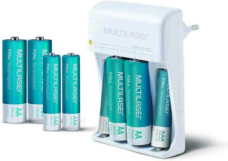 Imagem de Pilhas Recarregável + Carregador Com 4- Pilhas AA e 4- Pilhas AAA Multilaser