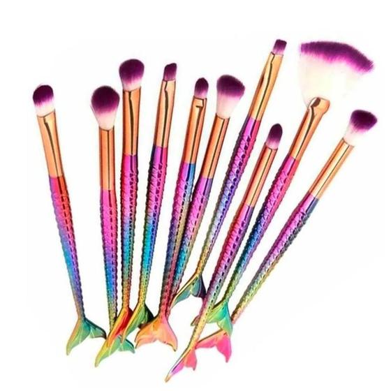 Imagem de Pincel Kit 10 Peças Sereia Corretivo Sombra Iluminar Delineador Maquiagem Make Up Mermaid