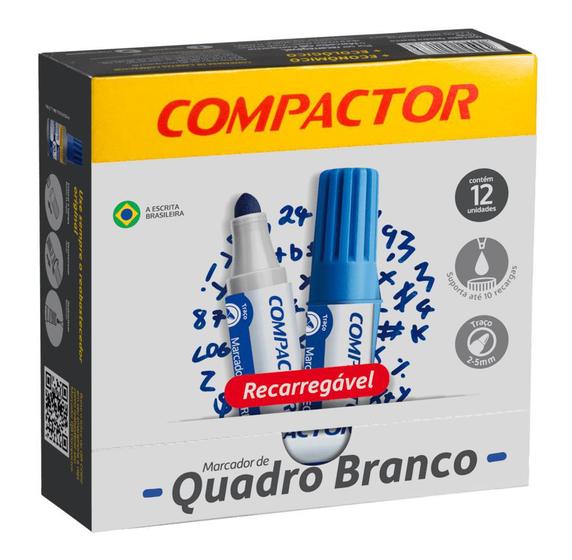 Imagem de Pincel Marcador para Quadro Branco Recarregável Azul Compactor Caixa c/12 Un.