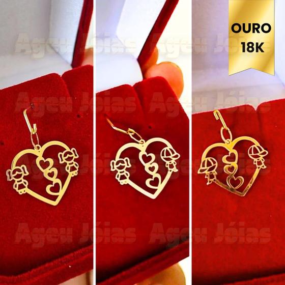 Imagem de Pingente 2 Filhos Casal Filho Menina Menino Ouro 18k Mae de Dois Filhos Coração Joia