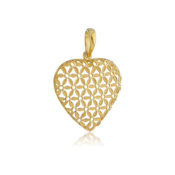 Imagem de Pingente Coração Trabalhado Com Flores Ouro Amarelo 18 Kl