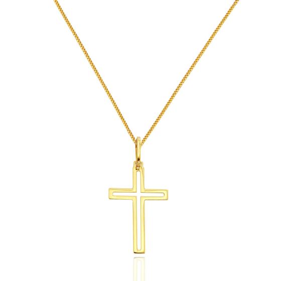 Imagem de Pingente Cruz Crucifixo Com Corrente Maciça Veneziana Ouro 18k 40 cm