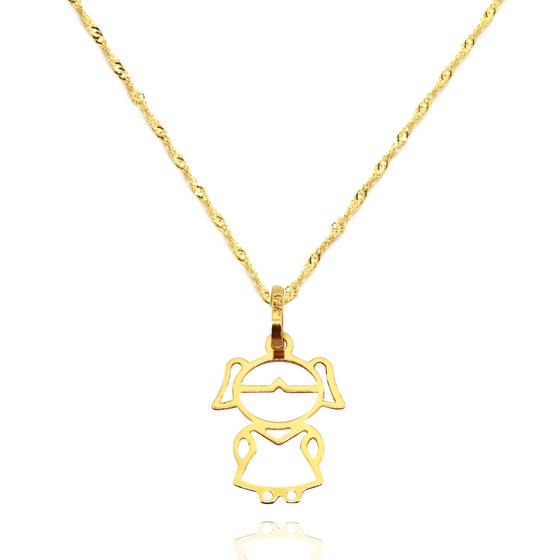 Imagem de Pingente Menina Filha Vazado com Corrente Singapura Ouro 18k 50 cm