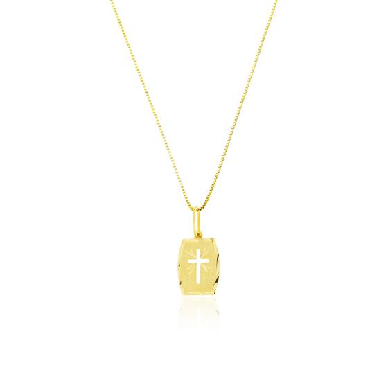 Imagem de Pingente Ouro 18k Placa Retangular Curvada Fosca com Cruz Vazada R042