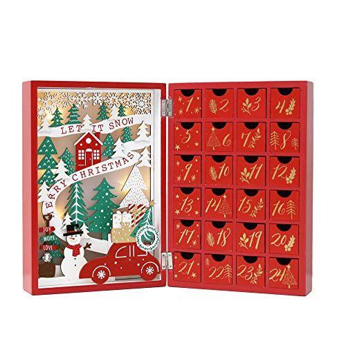 Imagem de PIONEIRO-ESFORÇO Livro de calendário do advento de madeira de Natal com gavetas para adultos Crianças Decoração de contagem regressiva de Natal com iluminação LED (Vermelho-001)