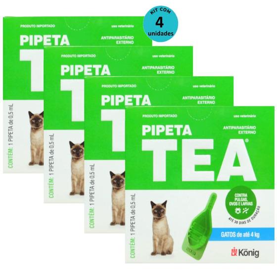 Imagem de Pipeta Tea 0,5 ml Antiparasitário Contra Pulgas para Gatos de até 4 Kg - König Kit Com 4