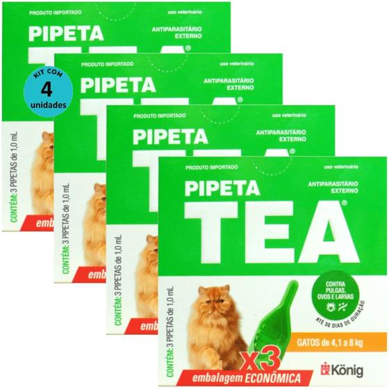 Imagem de Pipeta Tea 1,0 ml Antiparasitário Contra Pulgas P/ Gatos de 4,1 até 8 Kg C/ 3 unid. Kit C/ 4 Cxs