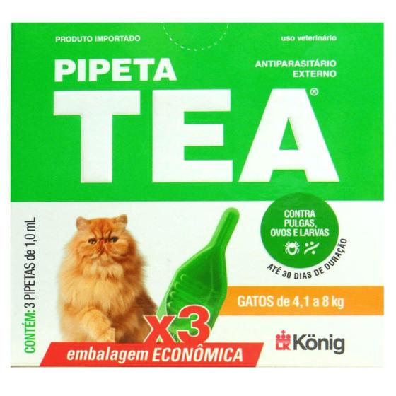 Imagem de Pipeta Tea 1,0 ml Antiparasitário Contra Pulgas para Gatos de 4,1 até 8 Kg Kit C/ 3 unidKonig