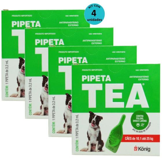 Imagem de Pipeta Tea 3,2ml Antiparasitário Contra Pulgas para Cães de 10,1 até 25 Kg - König Kit Com 4