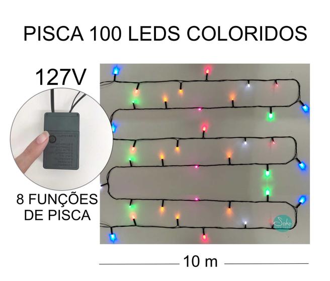 Imagem de Pisca 100 LEDs 10M 8 Funções Luz Colorido de Natal Fio Verde