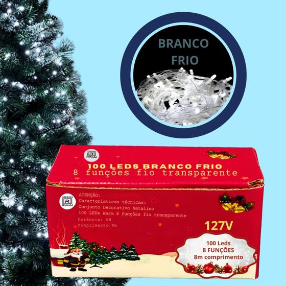 Imagem de Pisca 100 leds 8 funções branco frio 8mts fio transp