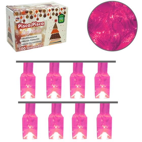 Imagem de Pisca 100 Leds Rosa 127V 9M 4 Funcoes Fio Transparente - NATALKASA