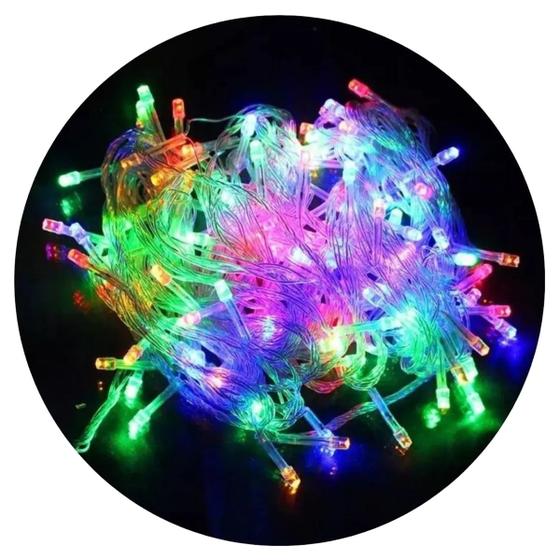 Imagem de Pisca Pisca Cordão 100 Leds Colorido Fio Transparente 8 Funções Iluminação Árvore de Natal 220V