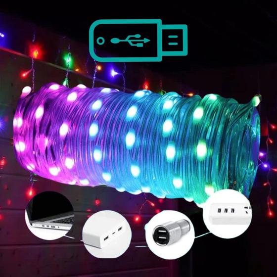 Imagem de Pisca Pisca Natal 10M Bolinhas Colorido RGB 66 LEDs Fio Transparente USB