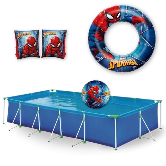 Imagem de Piscina 7600l Mor + Guarda Sol + Bola Inflavel + 2 Boias Das Homem Aranha  Kit 