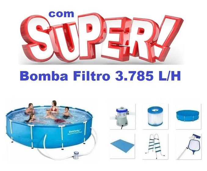 Imagem de Piscina Bestway 4678 Litros Standard com Bomba Filtro 3785 LH 220v Capa Forro Kit de Limpeza e Escada