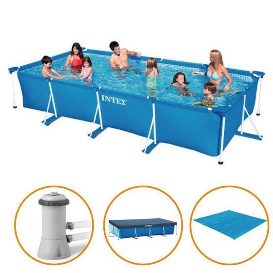 Imagem de Piscina Estrutural Retangular 7.127 Litros Com Filtro + Capa + Forro Pvc Armação Intex