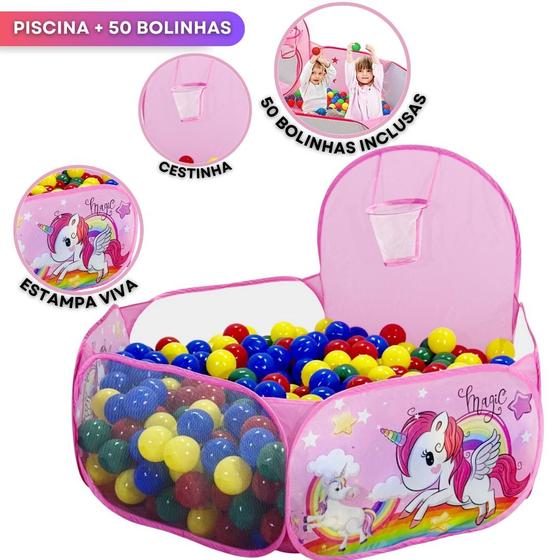 Imagem de Piscina Infantil de Bolinha com 50 Bolinhas Coloridas Estampada de Unicórnio Rosa Dobrável Portátil 