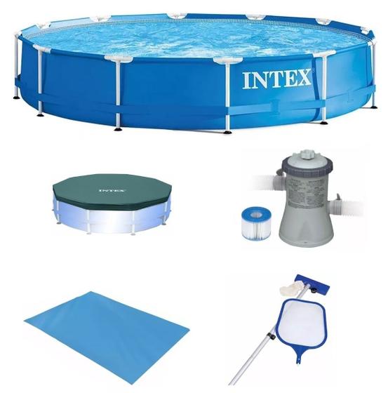 Imagem de Piscina Intex 5000 litros estrutural com Bomba Filtro 110v e Capa e Forro e KIT DE LIMPEZA