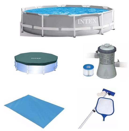 Imagem de Piscina Intex 5000 litros estrutural PRISM Cinza com Bomba Filtro 220v Capa Forro e KIT DE LIMPEZA
