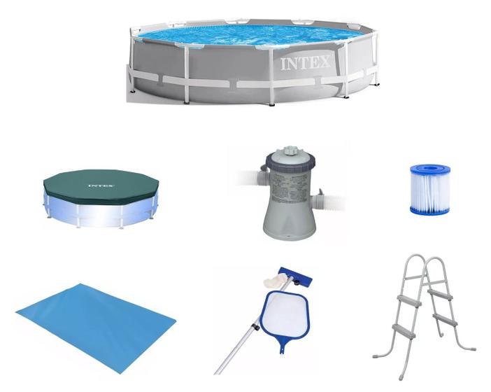 Imagem de Piscina Intex 5000 litros estrutural PRISM Cinza com Bomba Filtro 220v Capa Forro Kit de Limpeza e ESCADA