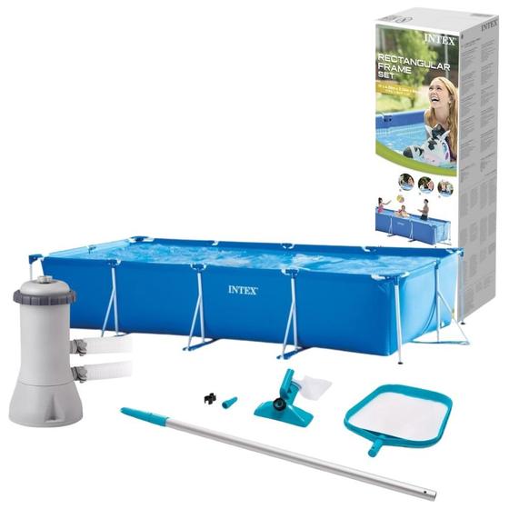 Imagem de Piscina Retangular 7.127L Intex C/ Bomba Filtrante e Kit Limpeza Peneira Aspirador