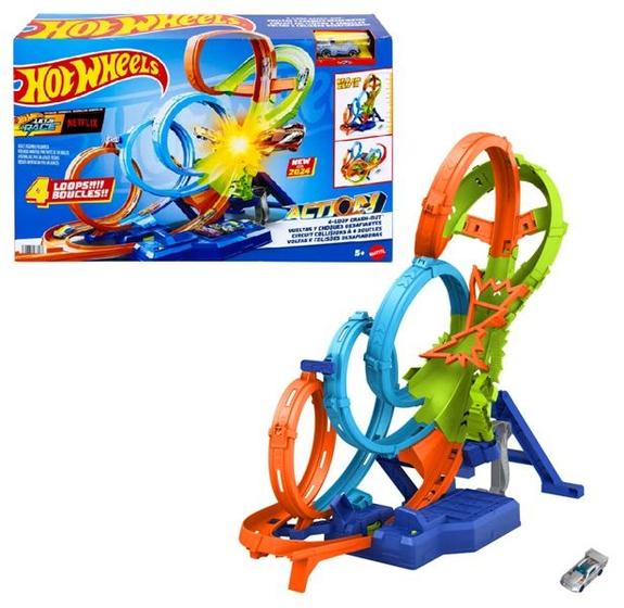 Imagem de Pista Hot Wheels Action Motorizada Voltas e Colisões Desafiadoras Com 4 Loopings e 1 Veículo  67cm de Altura  Mattel