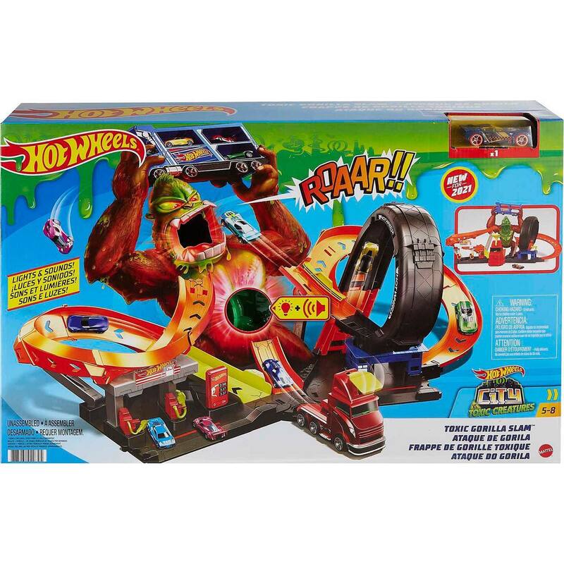Hot Wheels - City - Attaque du Gorille Toxique - Coffret avec Voiture, Station-Service - Sons et Lumières - Échelle 1/64 - Cadeau dès 5 Ans, HBY95 Hot Wheels - City - Attaque du Gorille Toxique - Coffret avec Voiture, Station-Service - Sons et Lumières - Échelle 1/64 - Cadeau dès 5 Ans, HBY95