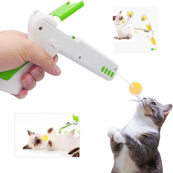 Imagem de Pistola brinquedo para gato pet interativo felino bolinha e pena 2 em 1 exercicios 
