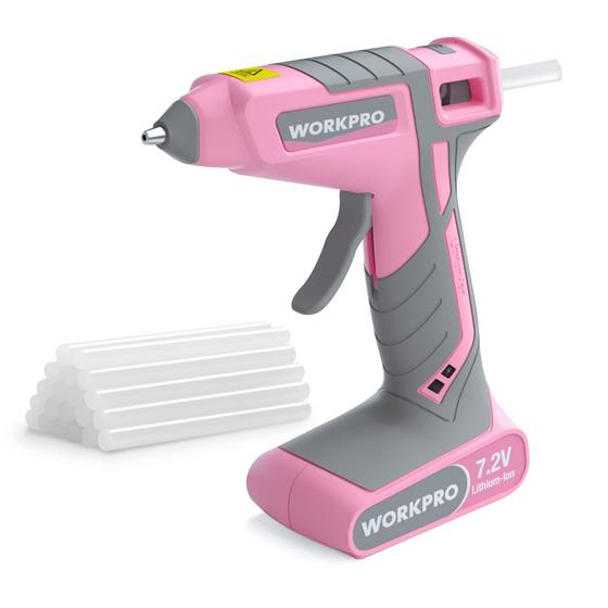 Imagem de Pistola de cola termofusível sem fio WORKPRO Pink 7,2 V com 20 bastões de cola