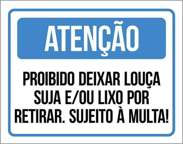 Imagem de Placa Atenção Proibido Deixar Louça Suja Lixo Multa 18X23