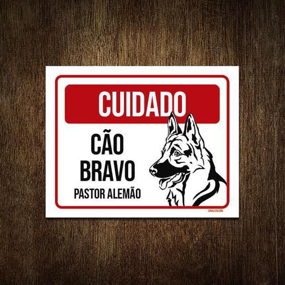 Imagem de Placa Cuidado Cão Cachorro Bravo Pastor Alemão 18X23