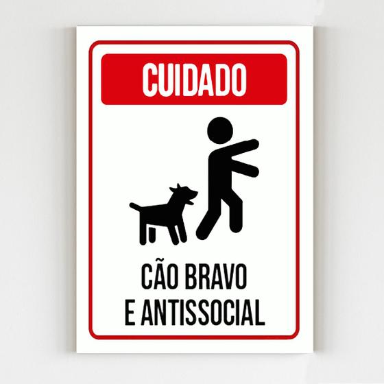 Imagem de Placa de aviso cuidado cão bravo e antissocial mdf 20x29 A4