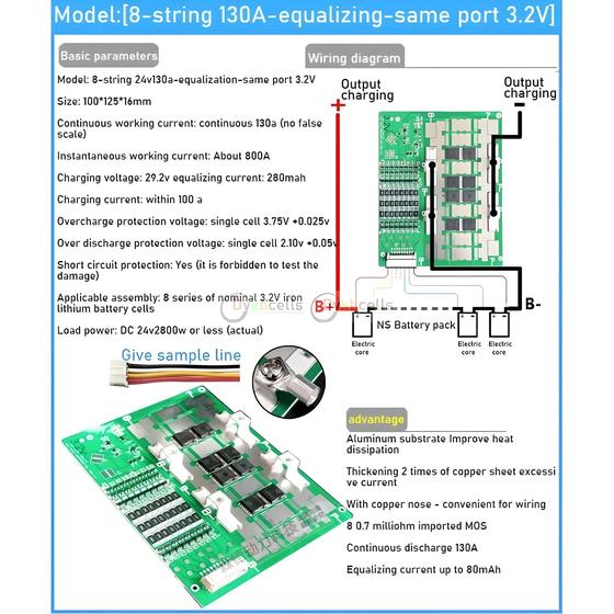 Imagem de Placa de Proteção de Bateria 24V Li-ion/LifePo4 BMS - 6S/7S/8S 50A/100A/130A para Ferramentas Elétricas