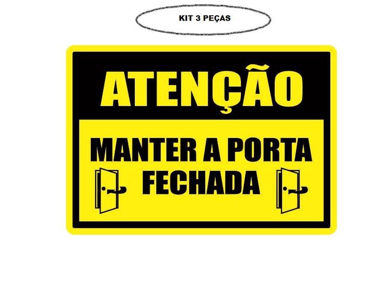 Imagem de Placa de Sinalização Atenção Porta Fechada Kit 3 Un. 14X20cm Mdf Adesivado