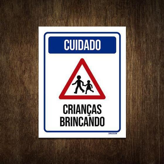 Imagem de Placa De Sinalização - Cuidado Crianças Brincando 27X35