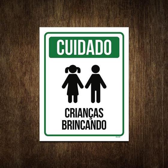 Imagem de Placa De Sinalização - Cuidado Crianças Brincando 27X35